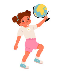 Cute schoolgirl with globe. Back to school concept. Flat vector illustration.