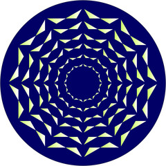 A geometric mandala of pale green shards spins inward through navy rings, creating a mesmerizing sense of depth, order, and energy.
