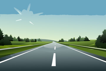 Cartoon illustration of a road through a green landscape on a sunny day