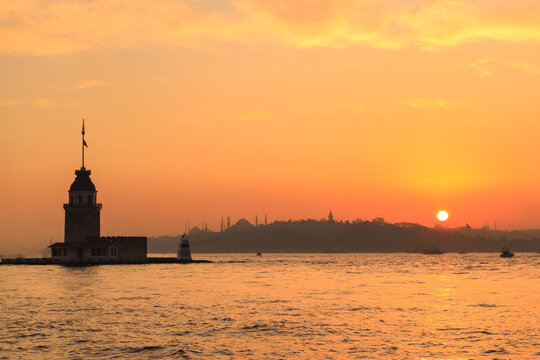Istanbul, Turkey. Silhouette of Maiden's Tower at sunset.