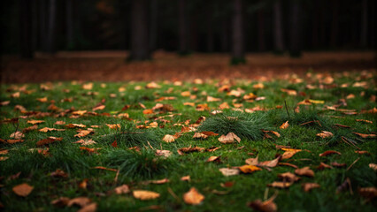 Autumnal forest floor view with vibrant green grass and fallen brown leaves