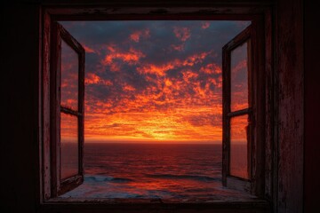 Fototapeta premium Sunset view through weathered window