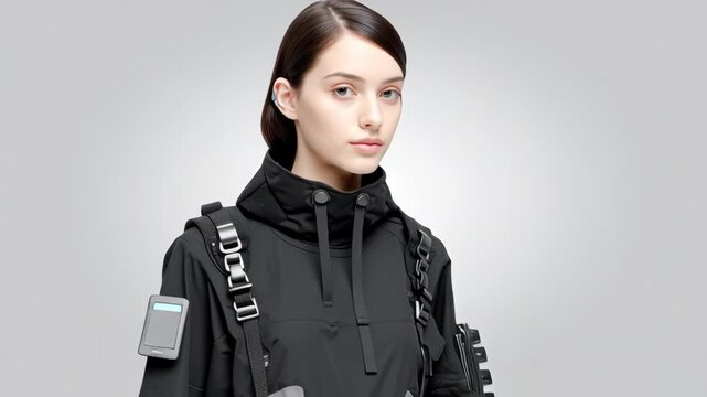 Woman black jacket with backpack standing side view neutral expression futuristic harness reflective details minimal studio setting gray background