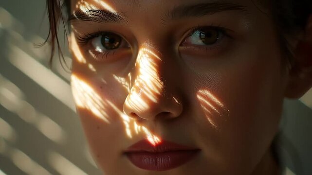 Bare shoulders with morning light casting soft shadows on skin, peaceful and natural mood.