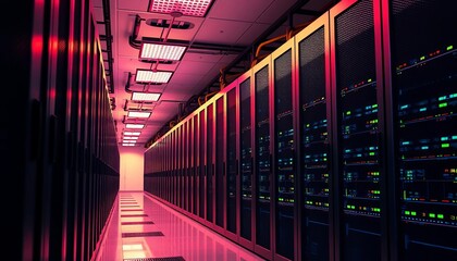 Brightly lit server room aisle, racks neatly aligned,  illumination,  servers