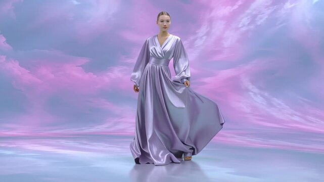 Elegant flowing lavender dress on woman with long sleeves and cinched waist under dreamy soft purple sky in fashion scene