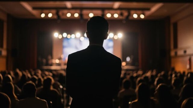 Man Watching Stage Performance in Auditorium with Audience Silhouette