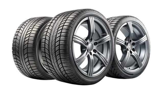 Photo of three car tires with alloy rims arranged in a row isolated on transparent background - Powered by Adobe