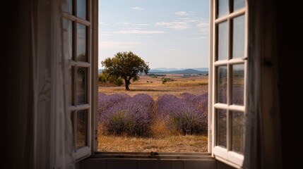 Lavender field view through window