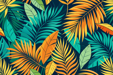 Vibrant tropical leaf pattern with palm leaves and bright color palette