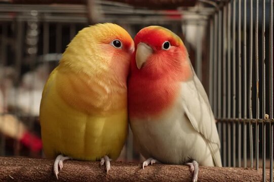Colorful lovebirds cuddling intimately, grooming each other with tender care, highlighting strong pair connection within cozy wire enclosure
