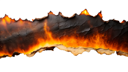 Photo of a strip of burning paper with glowing embers and charred edges isolated on transparent background