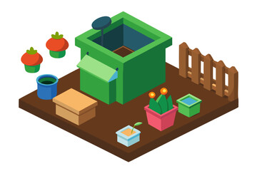 Fototapeta premium Isometric garden scene with plants fence and gardening shed