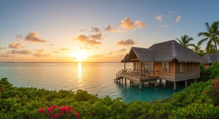 Fototapeta premium Tropical Overwater Bungalow at Sunset