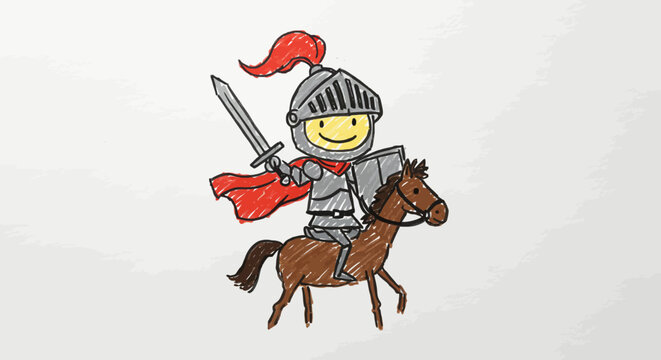 Drawn with thick crayons, Charming doodle of a smiling medieval knight in full armor on horseback. A whimsical fantasy character illustration.
