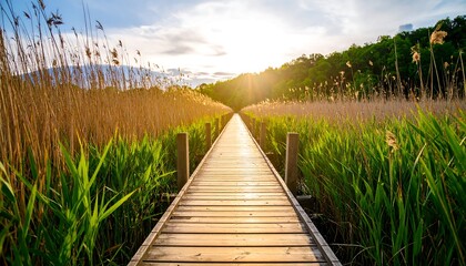 Wooden boardwalk path through tall grasses at sunset