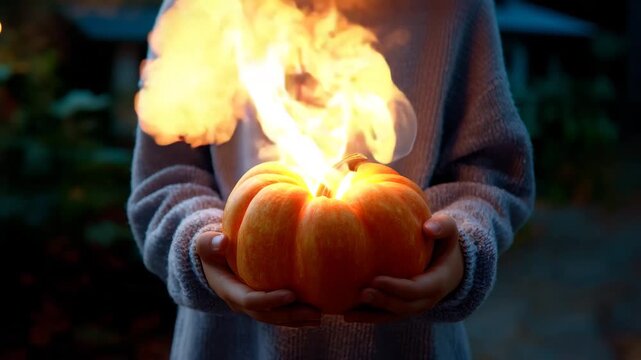 Cinematic close-up of child holding glowing Halloween pumpkin with magical smoke and fire, spooky enchanted fall night.