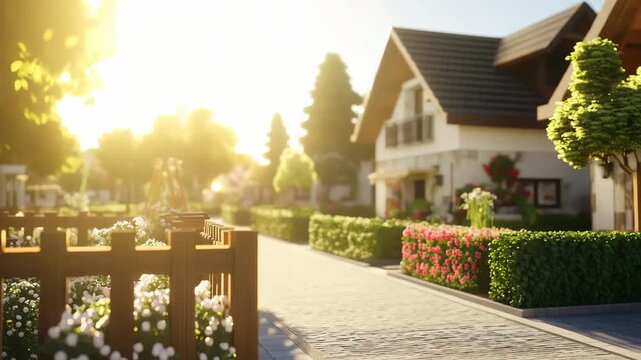 A tranquil suburban street lined with colorful flowers and charming homes creating a serene atmosphere in the morning