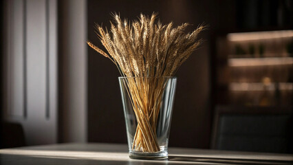Elegant arrangement of dried wheat stalks in a glass vase on a light table