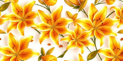 Obraz premium Elegant golden lilies on white, seamless floral pattern for luxury wallpaper or textile, sophisticated, repeat pattern