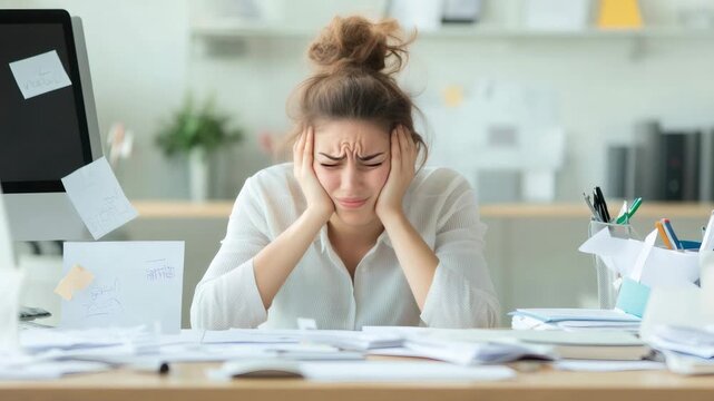 Stressed businesswoman holding head in hands, sitting at messy desk in office, suffering from strong headache, deadline, migraine, chronic work stress, overwork, exhaustion