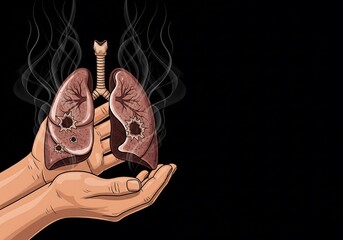 Both hands lifting lungs with holes emitting smoke, an illustration of lungs damaged by cancer. Image for education, advertising, banners, and health posters.