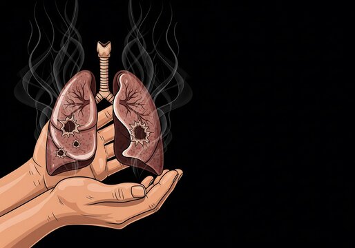 Both hands lifting lungs with holes emitting smoke, an illustration of lungs damaged by cancer. Image for education, advertising, banners, and health posters.
