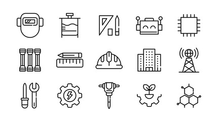 Engineering linear icon set. Tools, gear, construction, work, blueprint, helmet, wrench, factory, robotics, mechanical, industrial, innovation, architecture, vector icon set. UI thin line icon pack