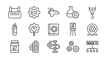 Engineering linear icon set. Tools, gear, construction, work, blueprint, helmet, wrench, factory, robotics, mechanical, industrial, innovation, architecture, vector icon set. UI thin line icon pack