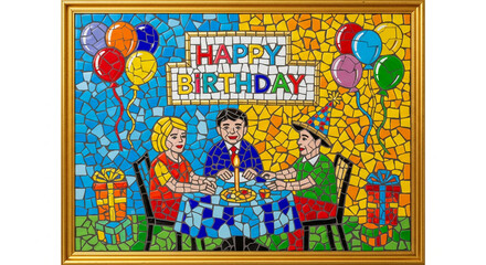 Mosaic art depicting a birthday celebration with three people at a table, balloons, gifts, and a "Happy Birthday" message.