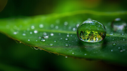 Close-up of a dewdrop on a green leaf with forest reflection, macro style, realistic