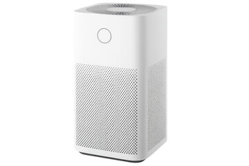 Obraz premium Advanced white air purifier filtering indoor air, removing allergens and pollutants with sleek design against neutral background