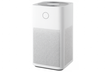 Advanced white air purifier filtering indoor air, removing allergens and pollutants with sleek design against neutral background