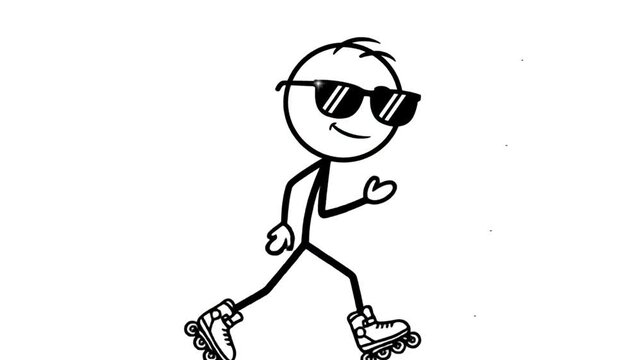 Animated Stick Figure Roller Skating with Sunglasses on a White Background