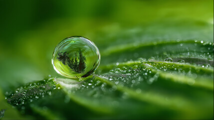 Close-up of a dewdrop on a green leaf with forest reflection, macro style, realistic