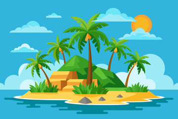 Cartoon Tropical Island with Palm Trees Mountain and Beach Illustration