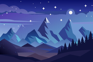 Nighttime Mountain Landscape with Stars and Moon in a Flat Design Style
