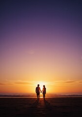 Fototapeta premium Silhouette Couple Holding Hands at Sunset Beach