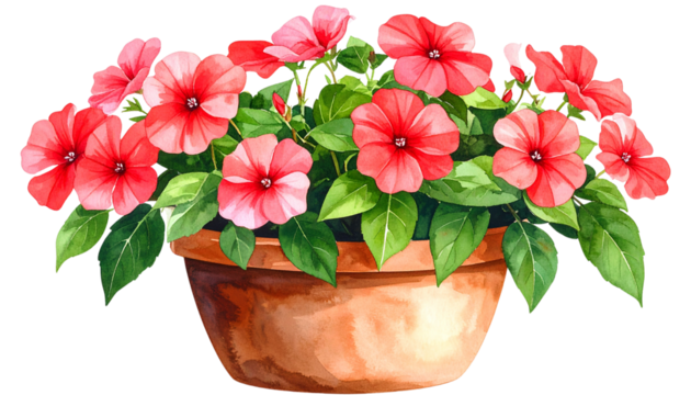 Impatiens Plant in Terracotta Pot, Hand-Drawn Watercolor Style, Side View, Transparent PNG