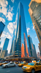 towering skyscraper rises with an air of modern elegance. The building, made of glass and steel, reflects the bustling city below.	
