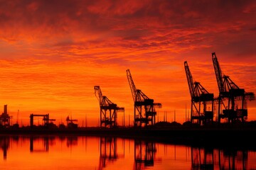 Obraz premium Cargo cranes silhouetted at sunrise, deep orange sky, silent port docks, reflective water surface.