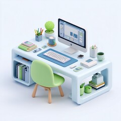 3D Office Desk Setup with Computer and Supplies