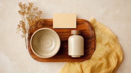 Rustic spa layout with ceramic bowl, bottle, and dried flowers for relaxation and wellness design
