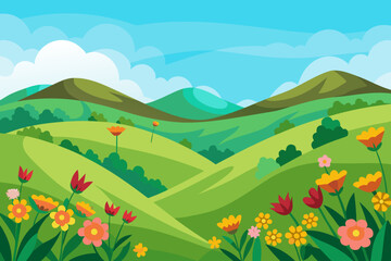 Obraz premium Cartoon Landscape with Green Hills Flowers Blue Sky and White Clouds Illustration