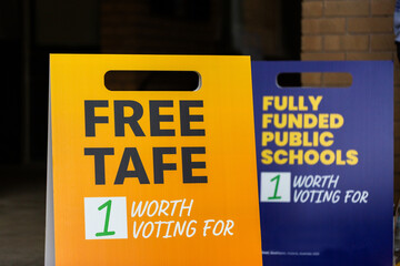 education political sign outside polling location on election day