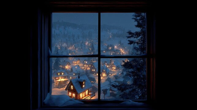 Snowy village seen through a window at night