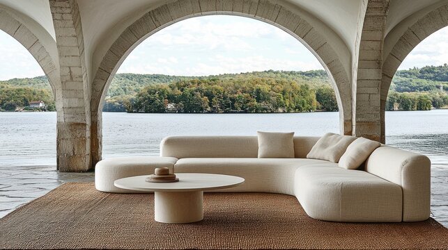 Serene lakeside view with couch and round table