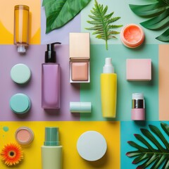 cosmetic products on a colored background 