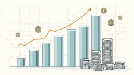Obraz premium Financial growth illustrated with bar graph and stacks of coins.