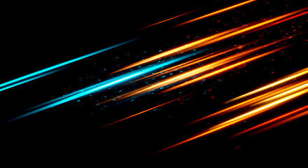 Glowing blue and orange light streaks with particles on black background motion blur